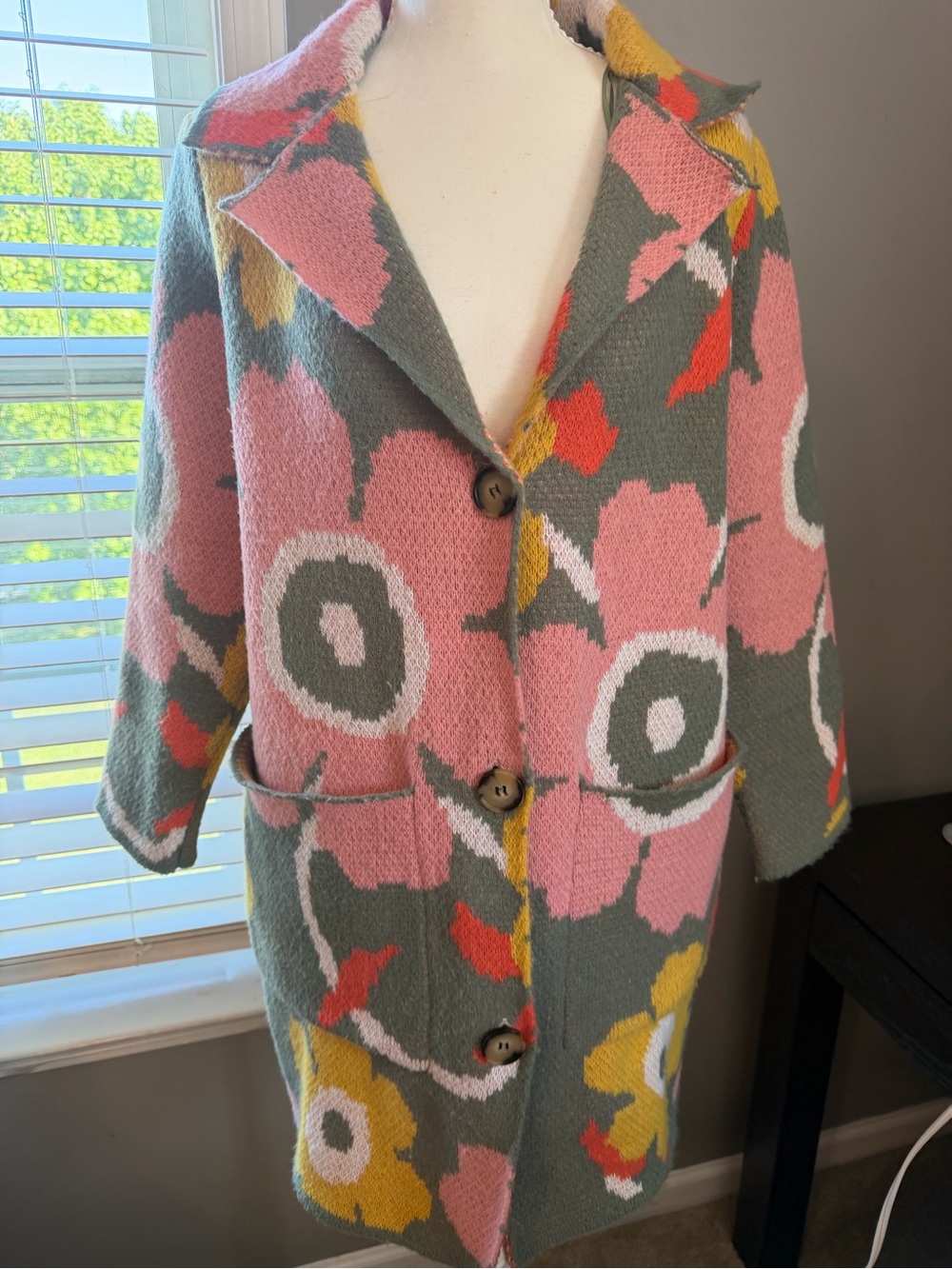 DAVI & DANI Pink, Olive & Yellow Floral Button-Front Sweater Coat